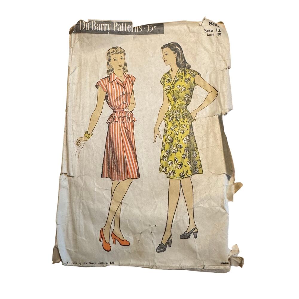 Vintage 1945 DuBarry Sewing Pattern 6030 Two Piece Dress Size 12 Bust 30 WW2 Era